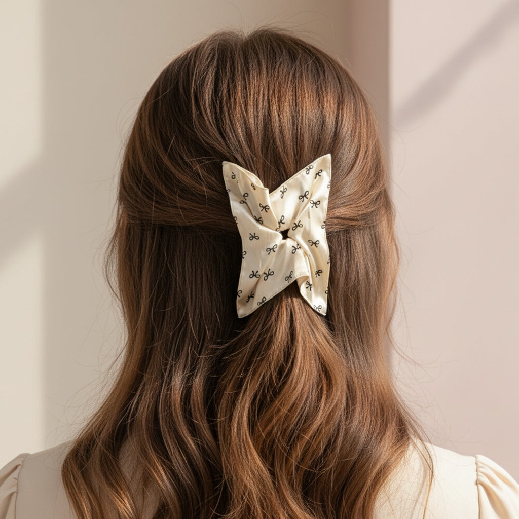Bow Print Linen Hair Tie Scrunchie