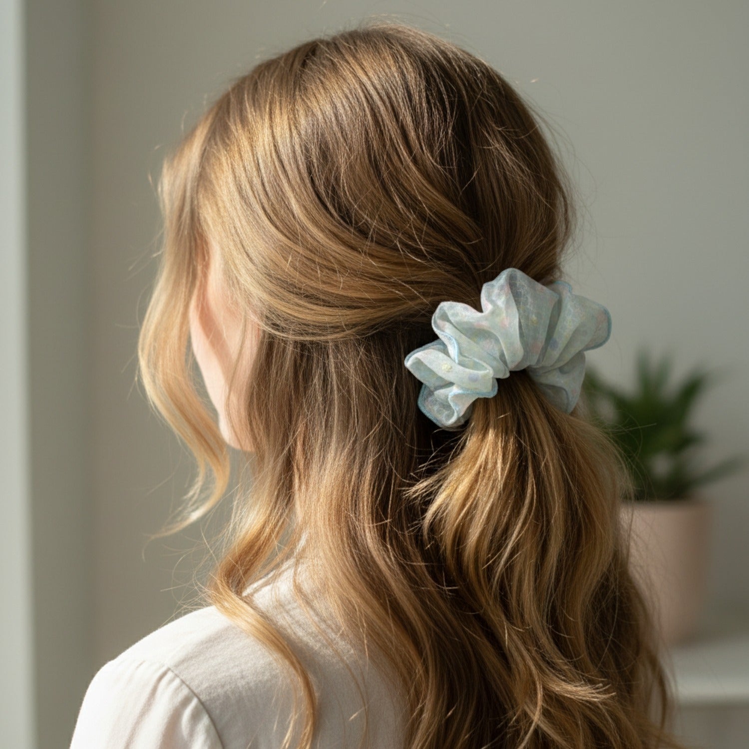 Pastel Plaid Hair Scrunchie With Blue Trim