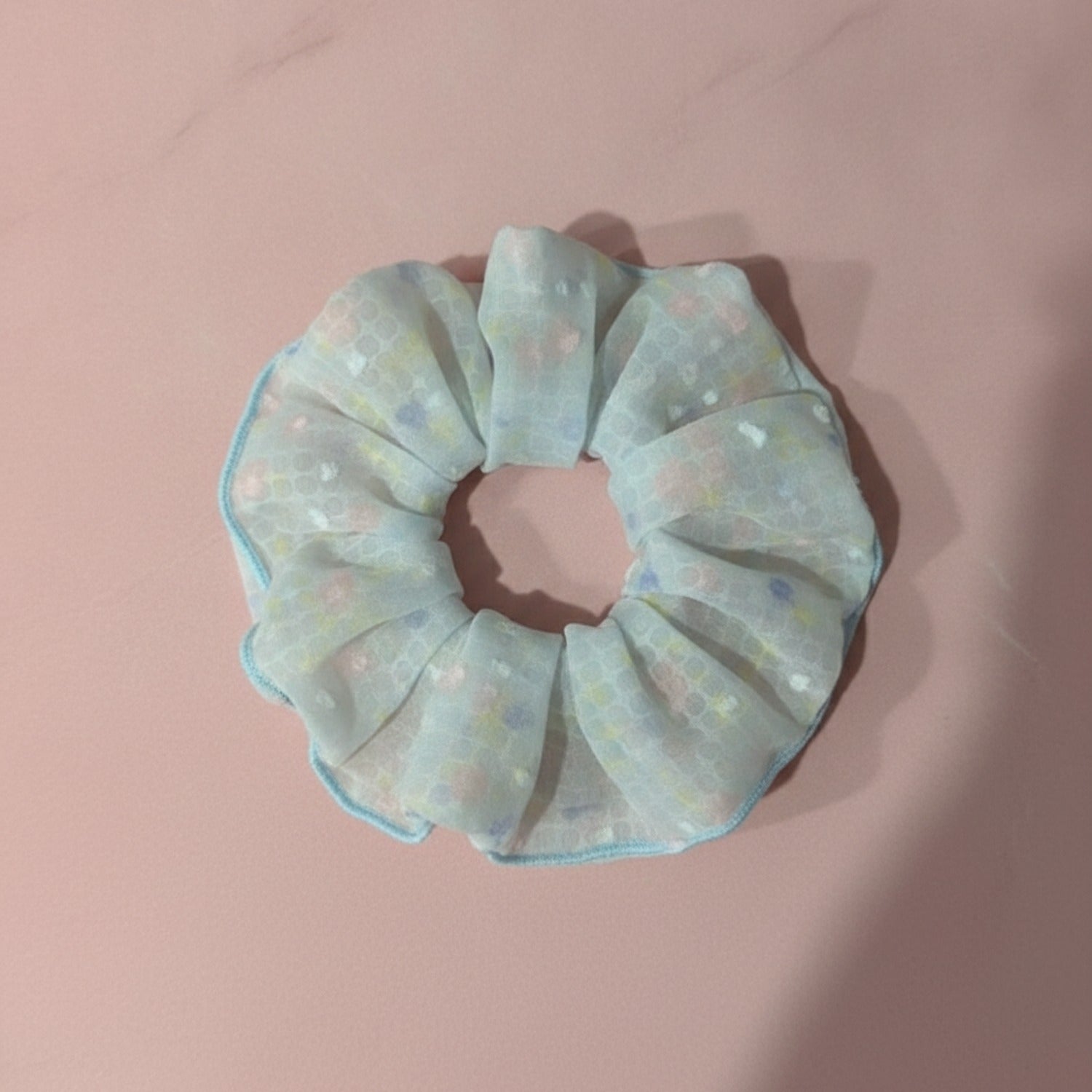 Pastel Plaid Hair Scrunchie With Blue Trim