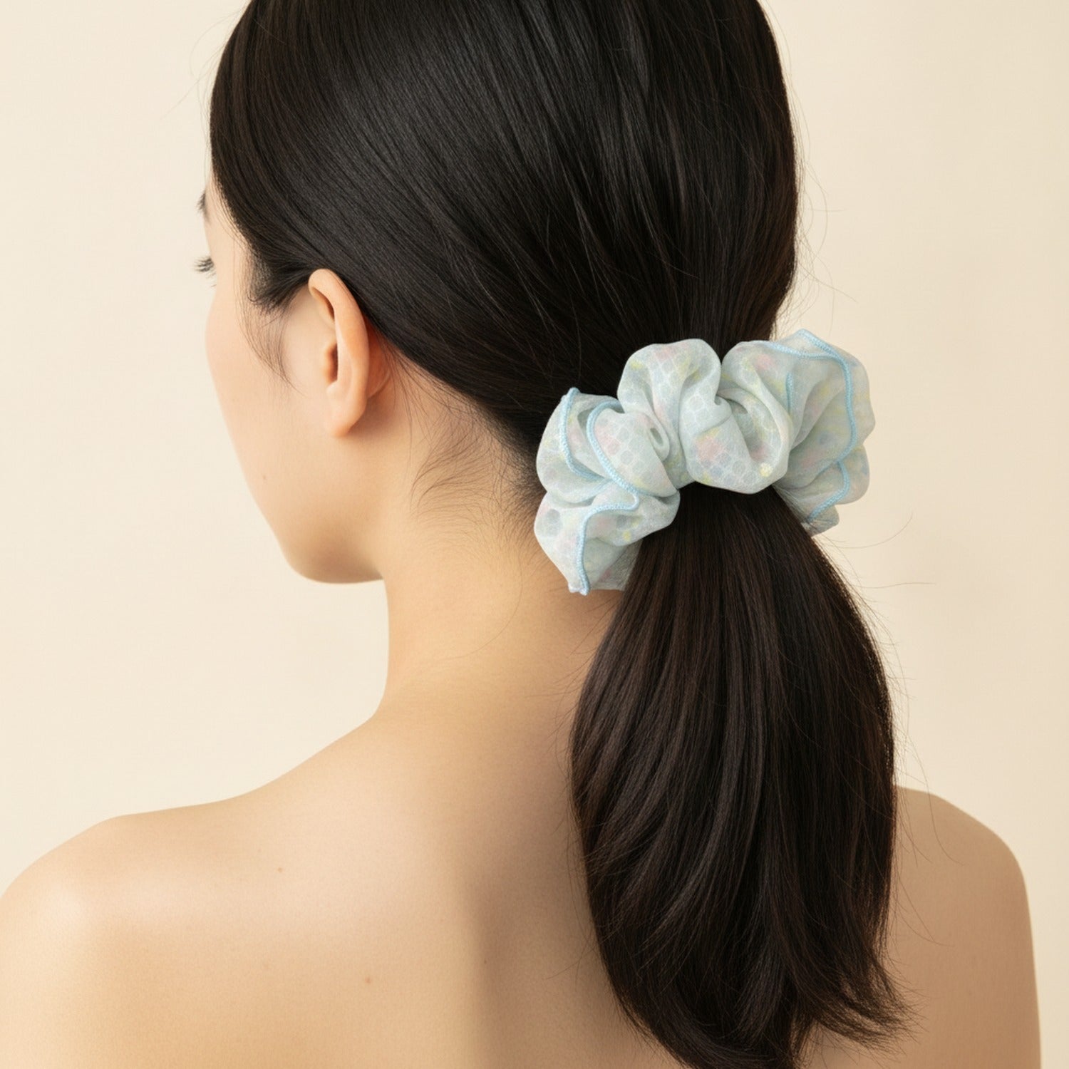 Pastel Plaid Hair Scrunchie With Blue Trim