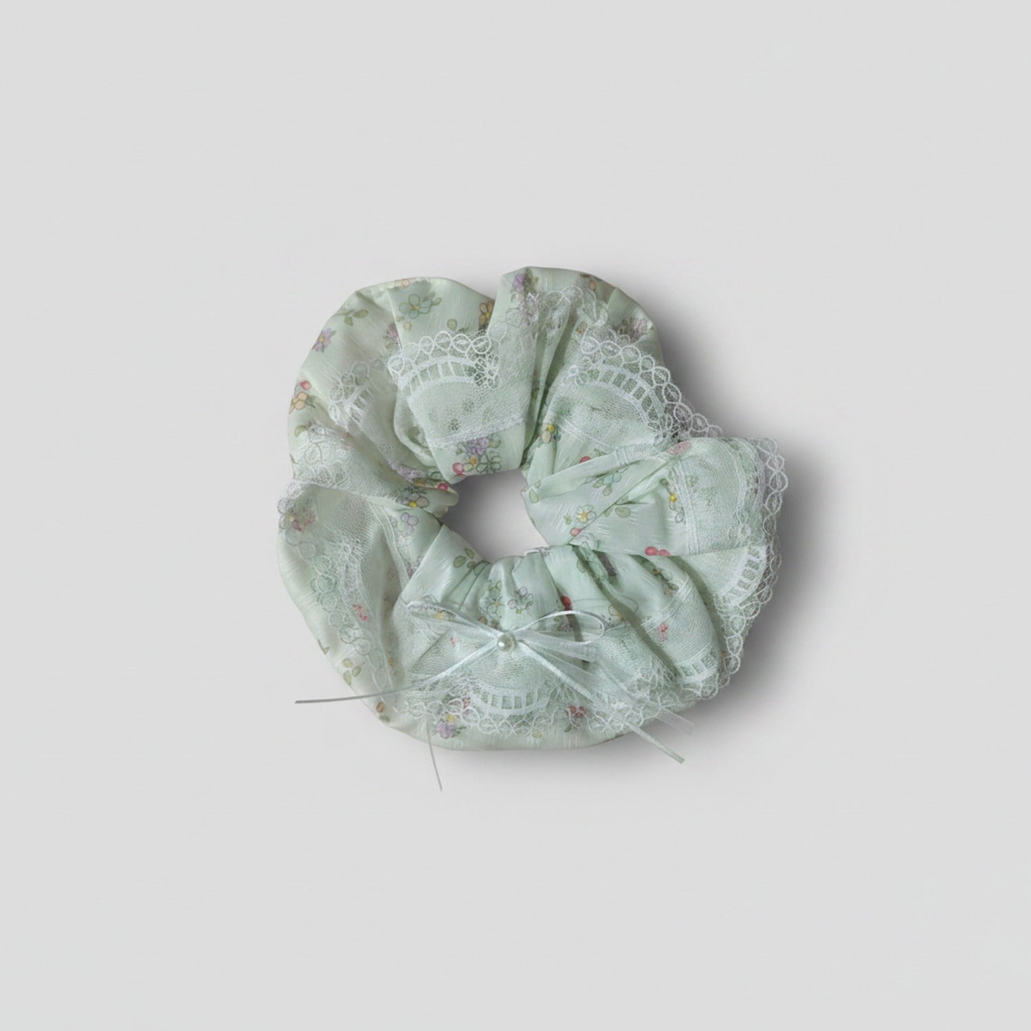 Sage Floral Lace Scrunchie with Bow