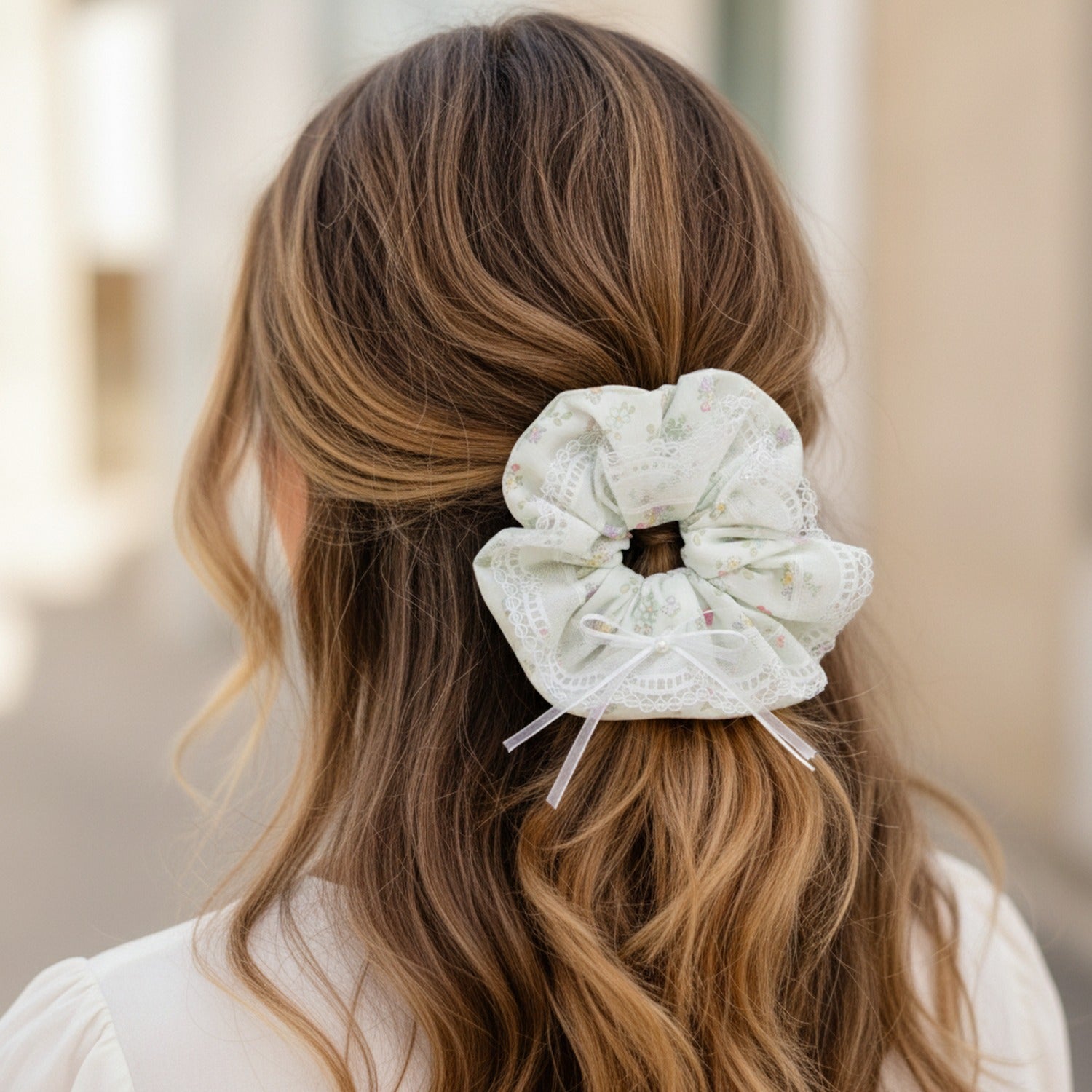Sage Floral Lace Scrunchie with Bow