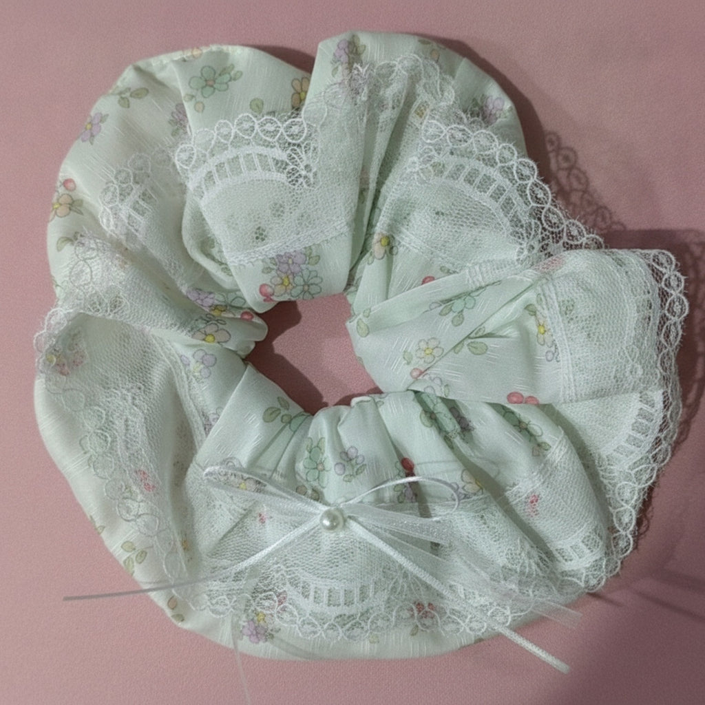 Sage Floral Lace Scrunchie with Bow – hair accessories (view 2)