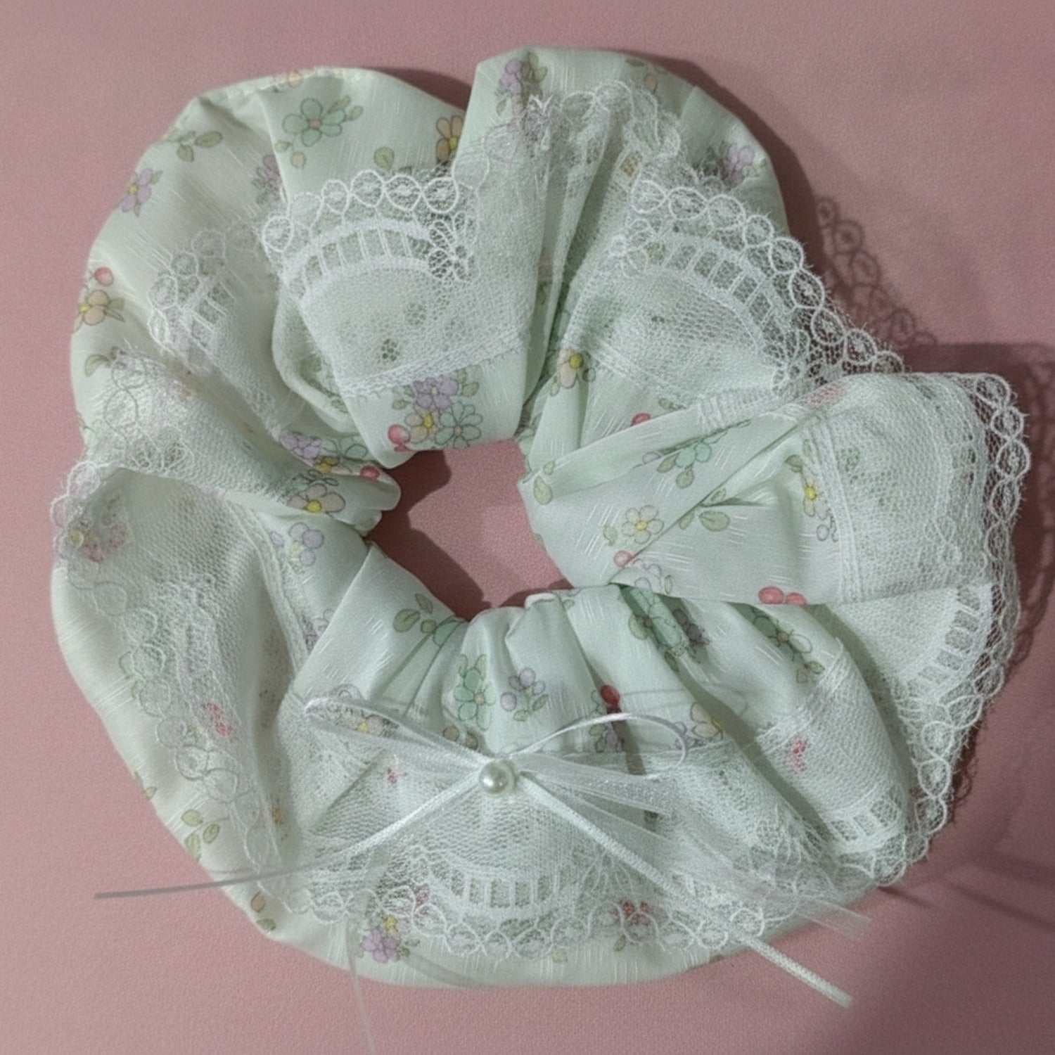 Sage Floral Lace Scrunchie with Bow