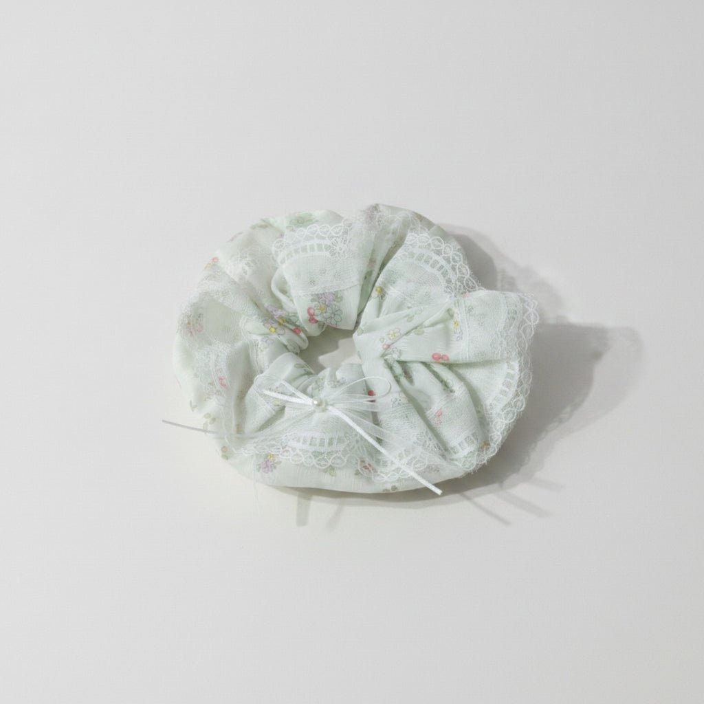 Sage Floral Lace Scrunchie with Bow – hair accessories (view 1)