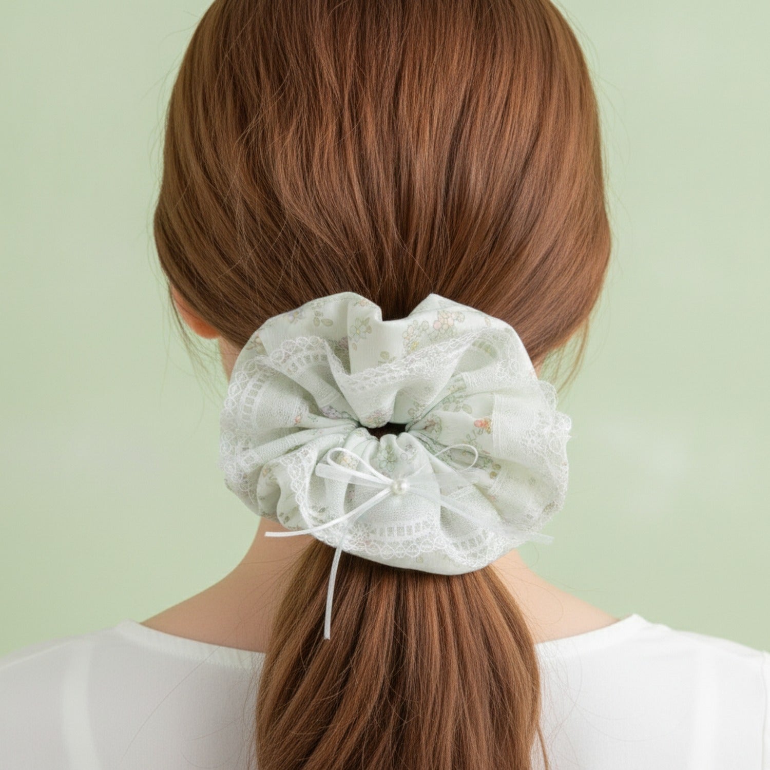 Sage Floral Lace Scrunchie with Bow