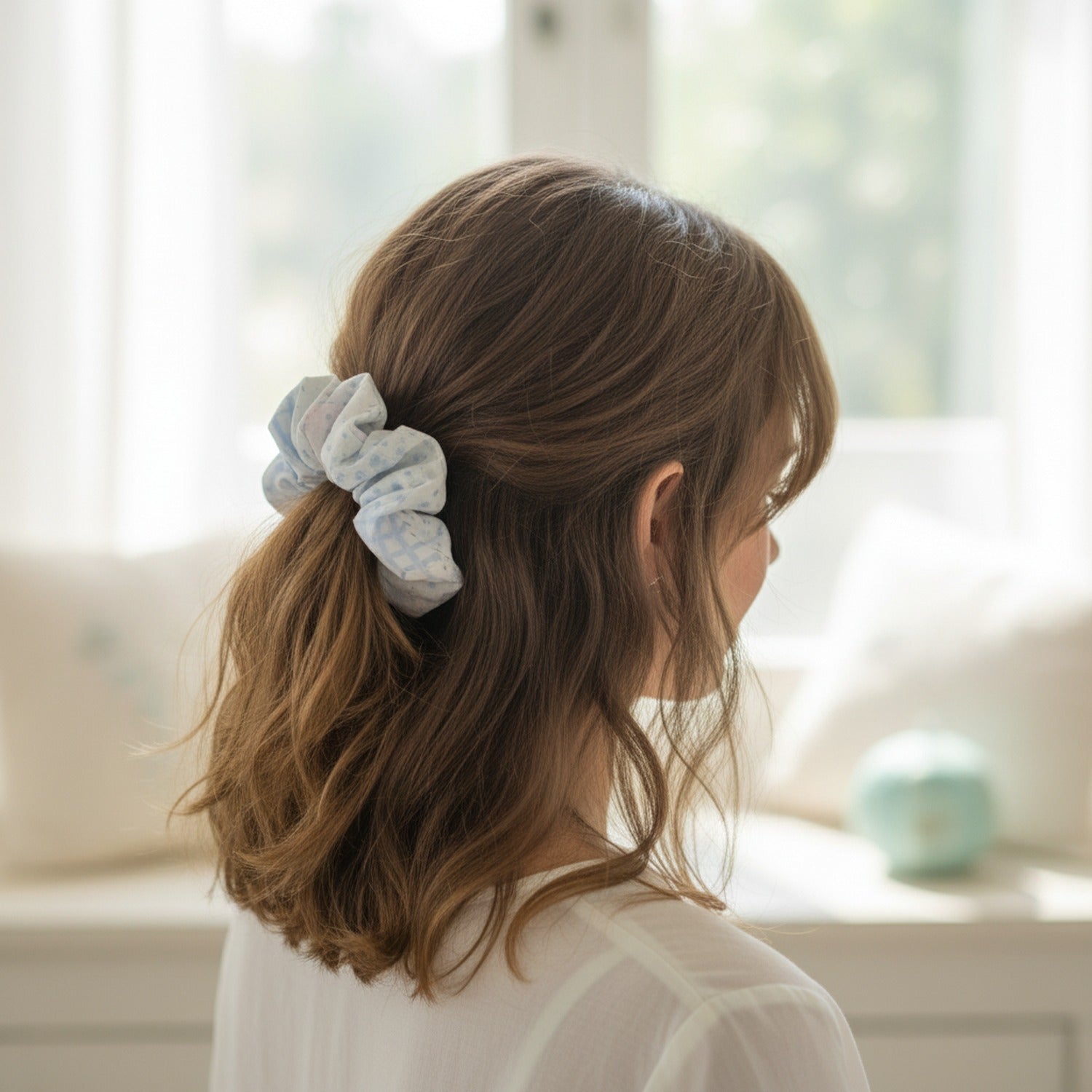 Blue Gingham Pleated Fabric Scrunchie