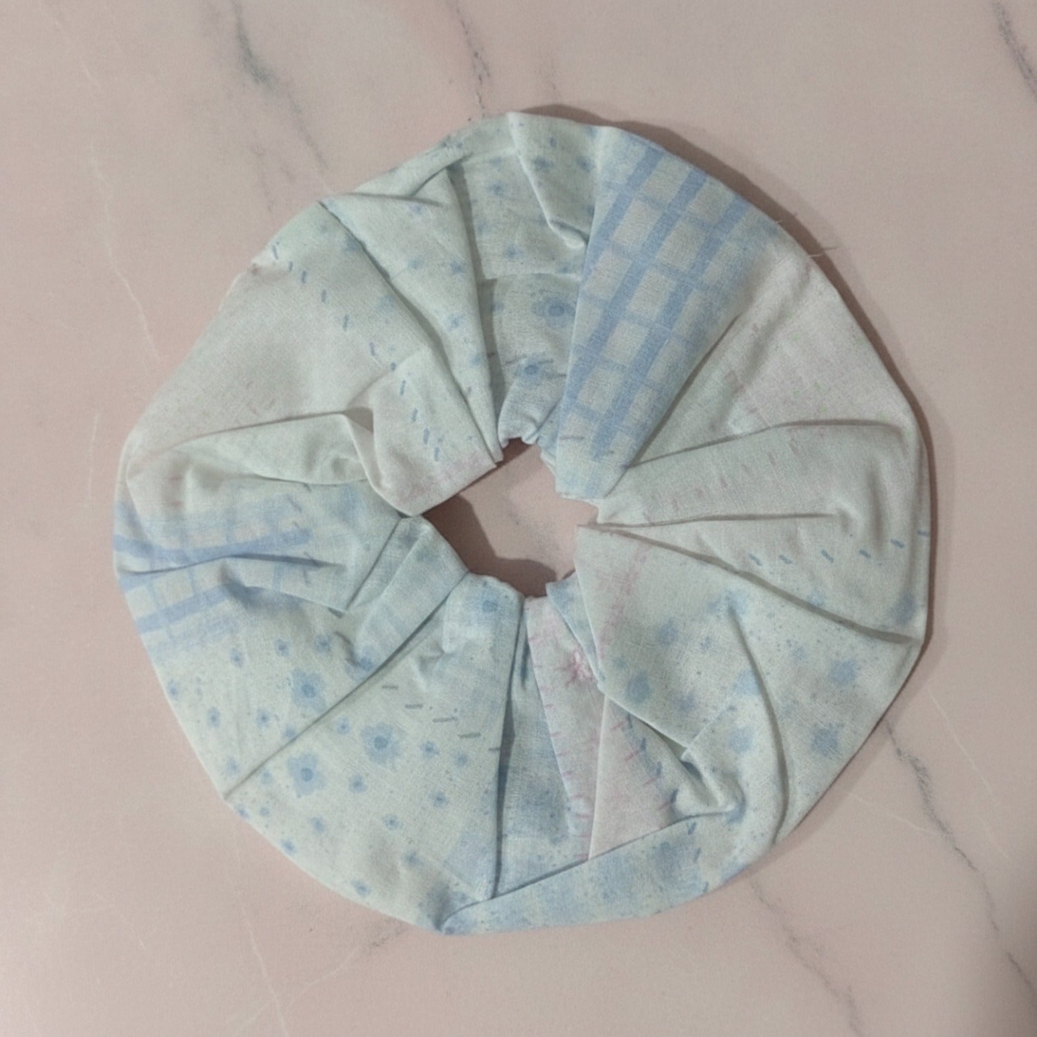Blue Gingham Pleated Fabric Scrunchie