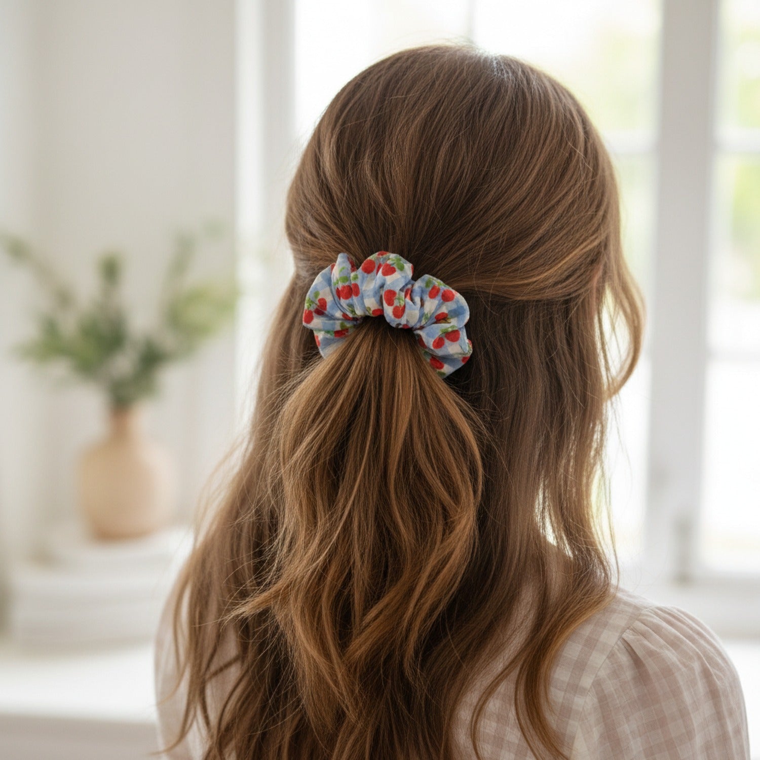 Gingham Cherry Print Hair Scrunchie