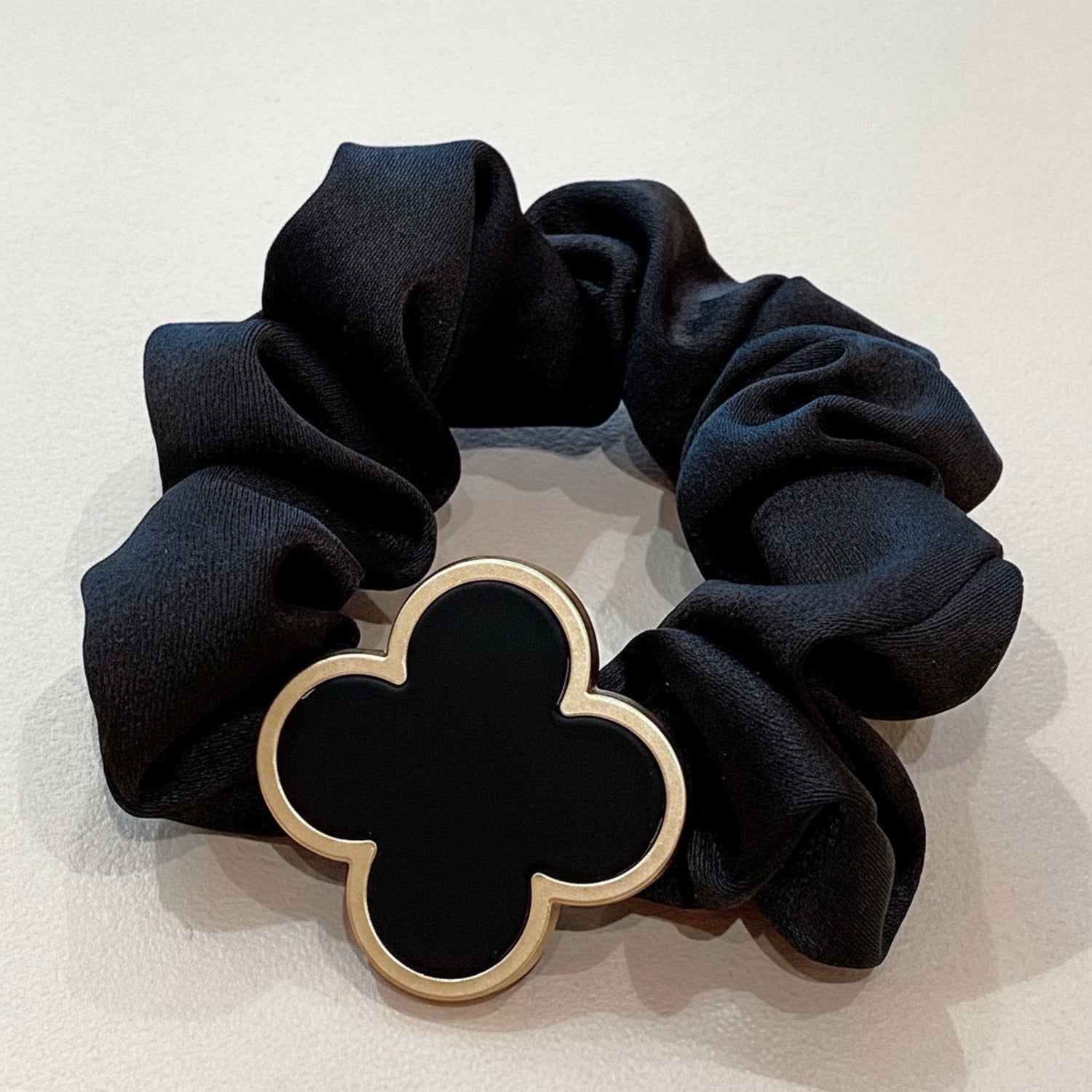 Black Scrunchie Set With Gold Clover Charm