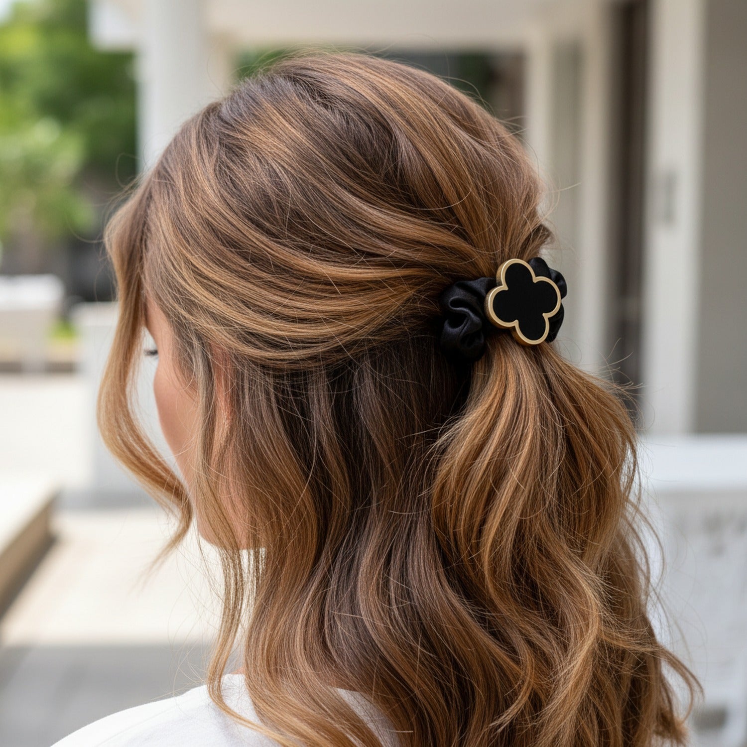 Black Scrunchie Set With Gold Clover Charm