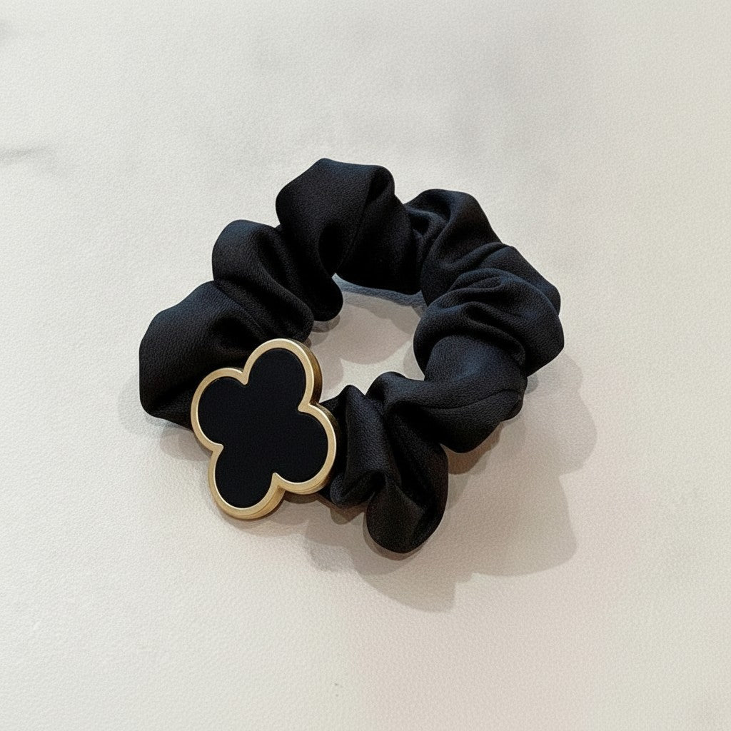 Black Scrunchie With Gold Clover Charm