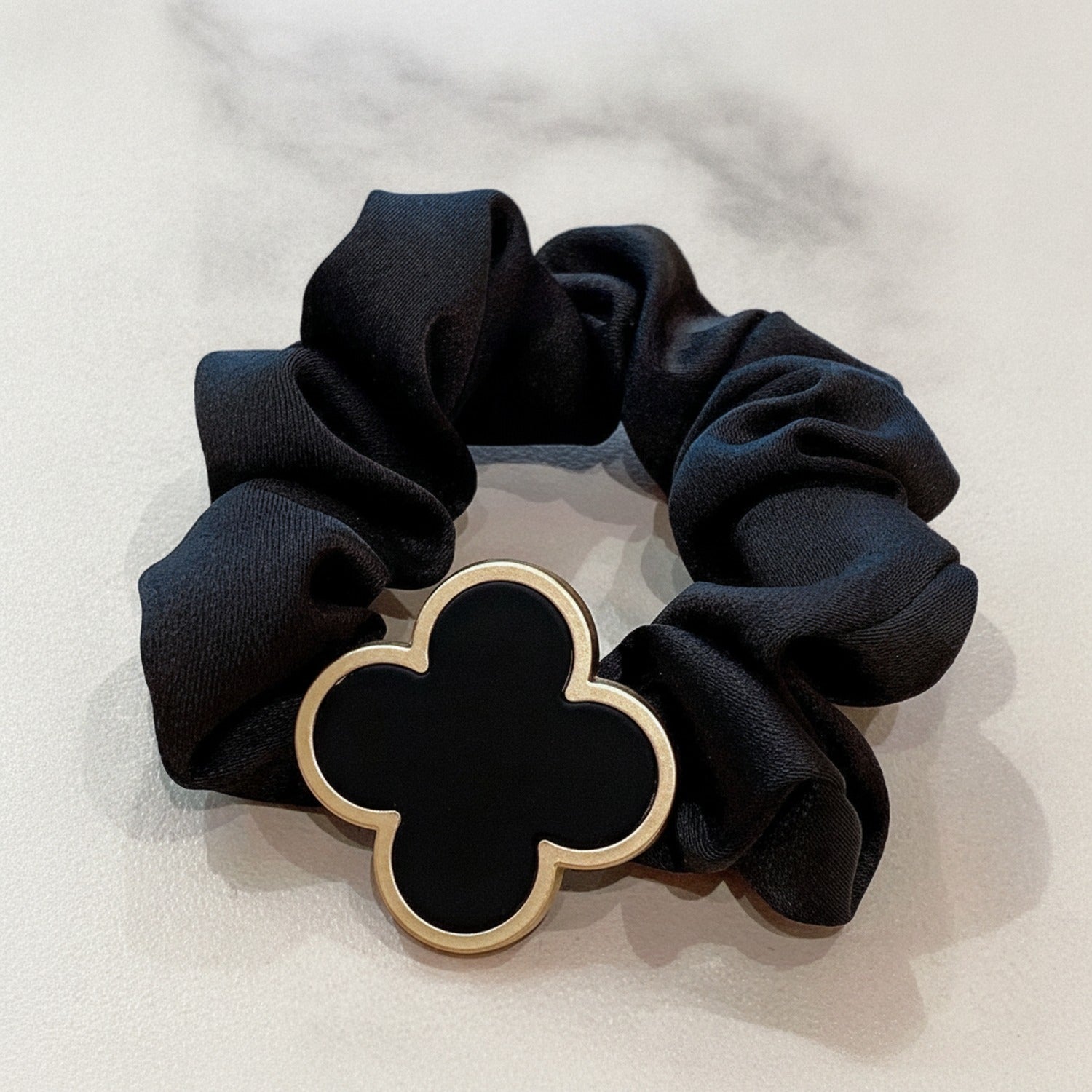 Black Scrunchie With Gold Clover Charm