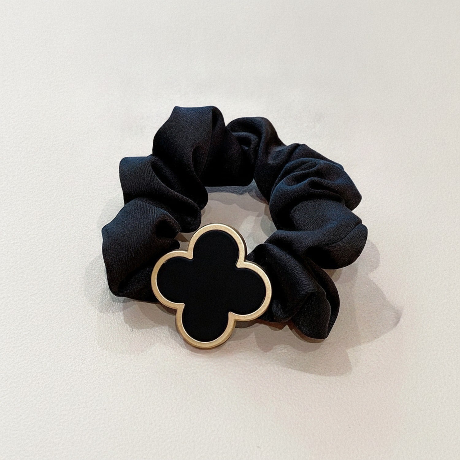 Black Scrunchie With Gold Clover Charm