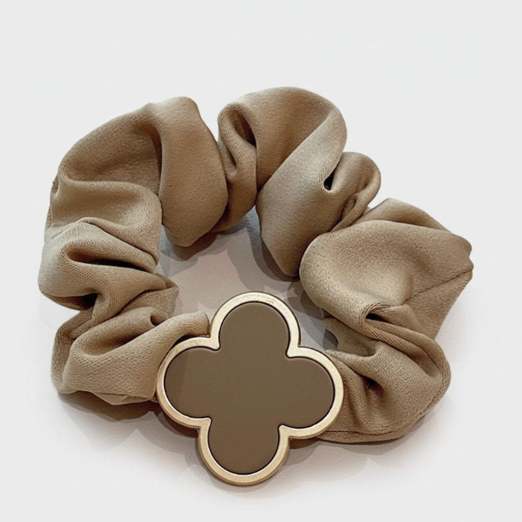 Beige Clover Charm Fabric Hair Scrunchie