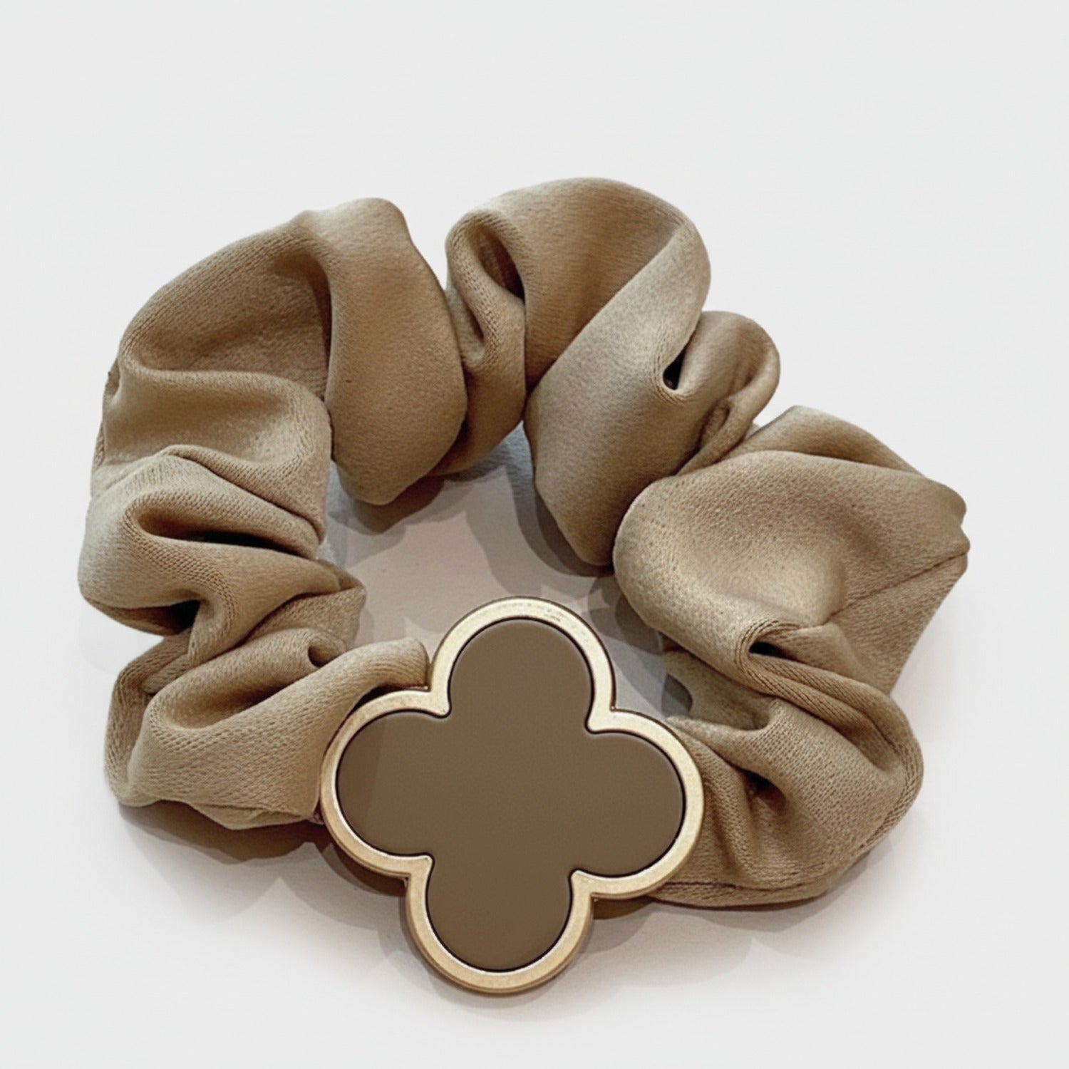 Beige Clover Charm Fabric Hair Scrunchie