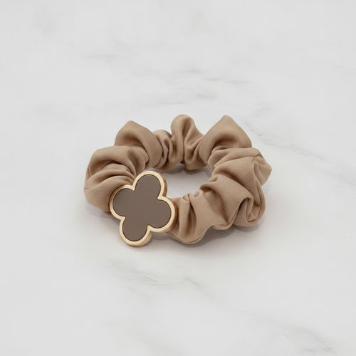 Beige Clover Charm Fabric Hair Scrunchie