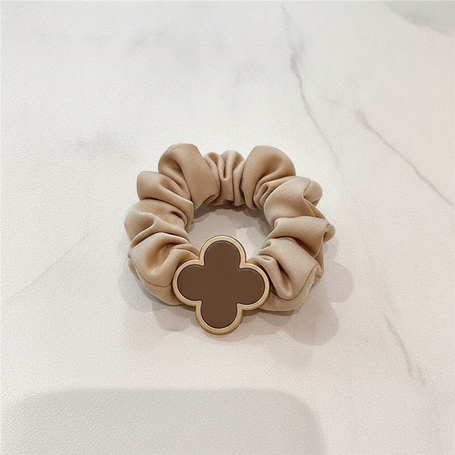 Beige Clover Charm Fabric Hair Scrunchie