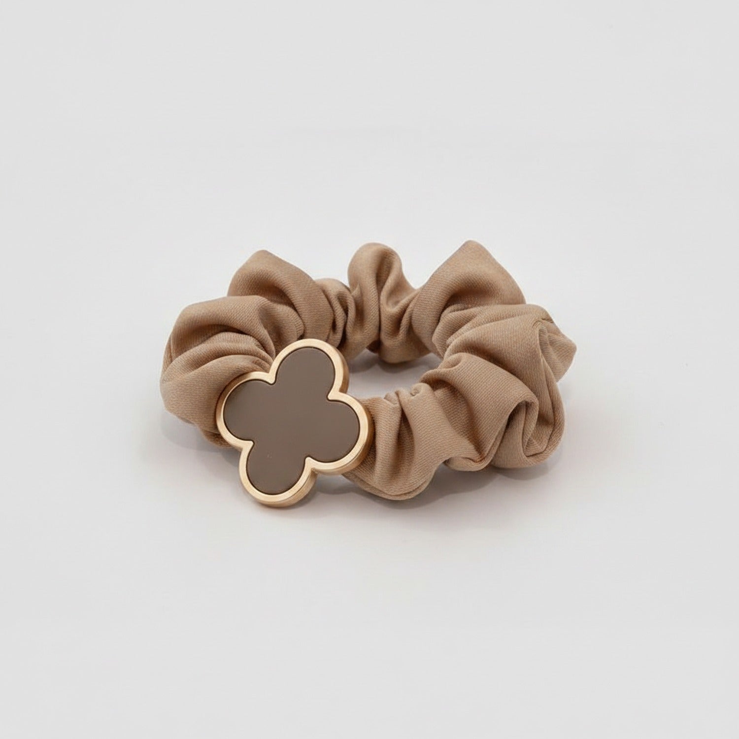 Beige Clover Charm Fabric Hair Scrunchie