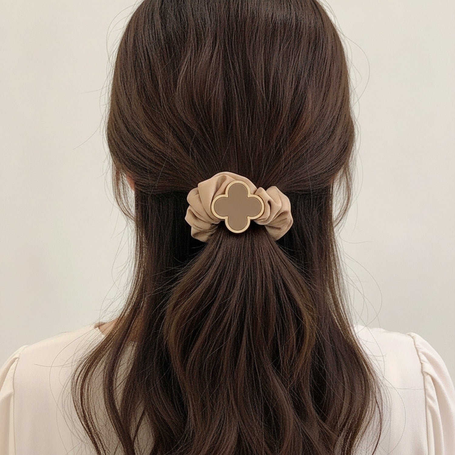 Beige Clover Charm Fabric Hair Scrunchie
