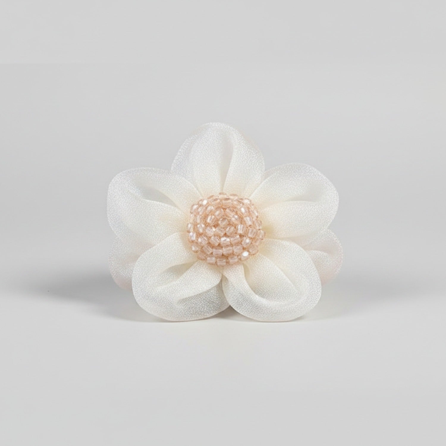 Cream Textured Flower Hair Clip With Beaded Center