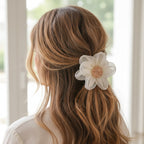 Cream Textured Flower Hair Clip With Beaded Center