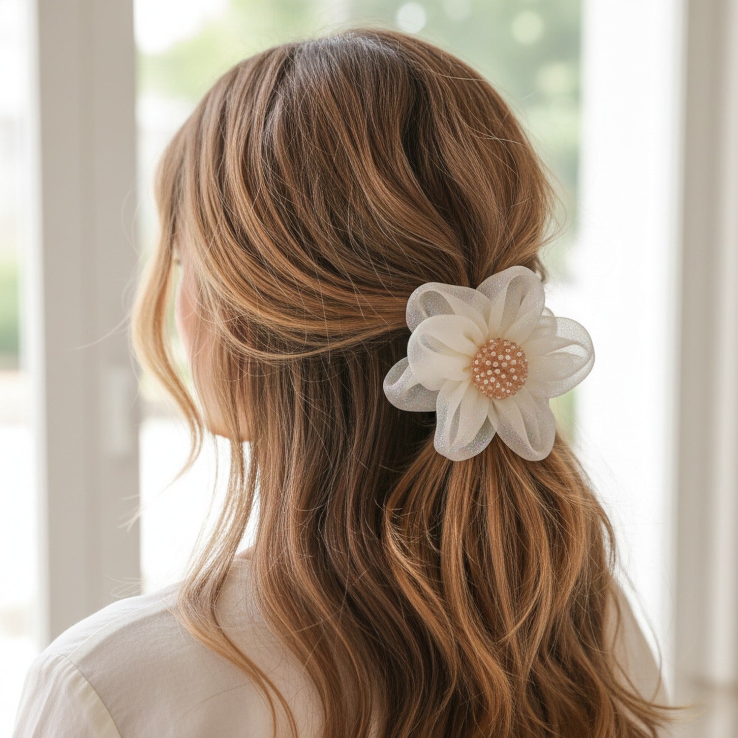 Cream Textured Flower Hair Clip With Beaded Center