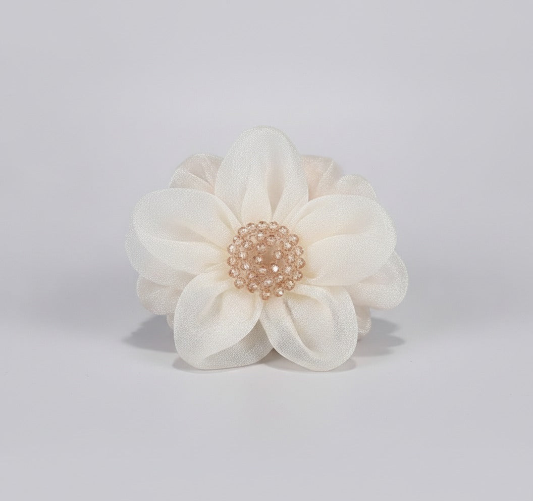 Cream Textured Flower Hair Clip With Beaded Center – hair accessories (view 1)