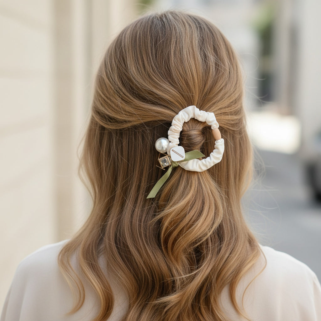 Cream Scrunchie With Pearl And Charm Detail