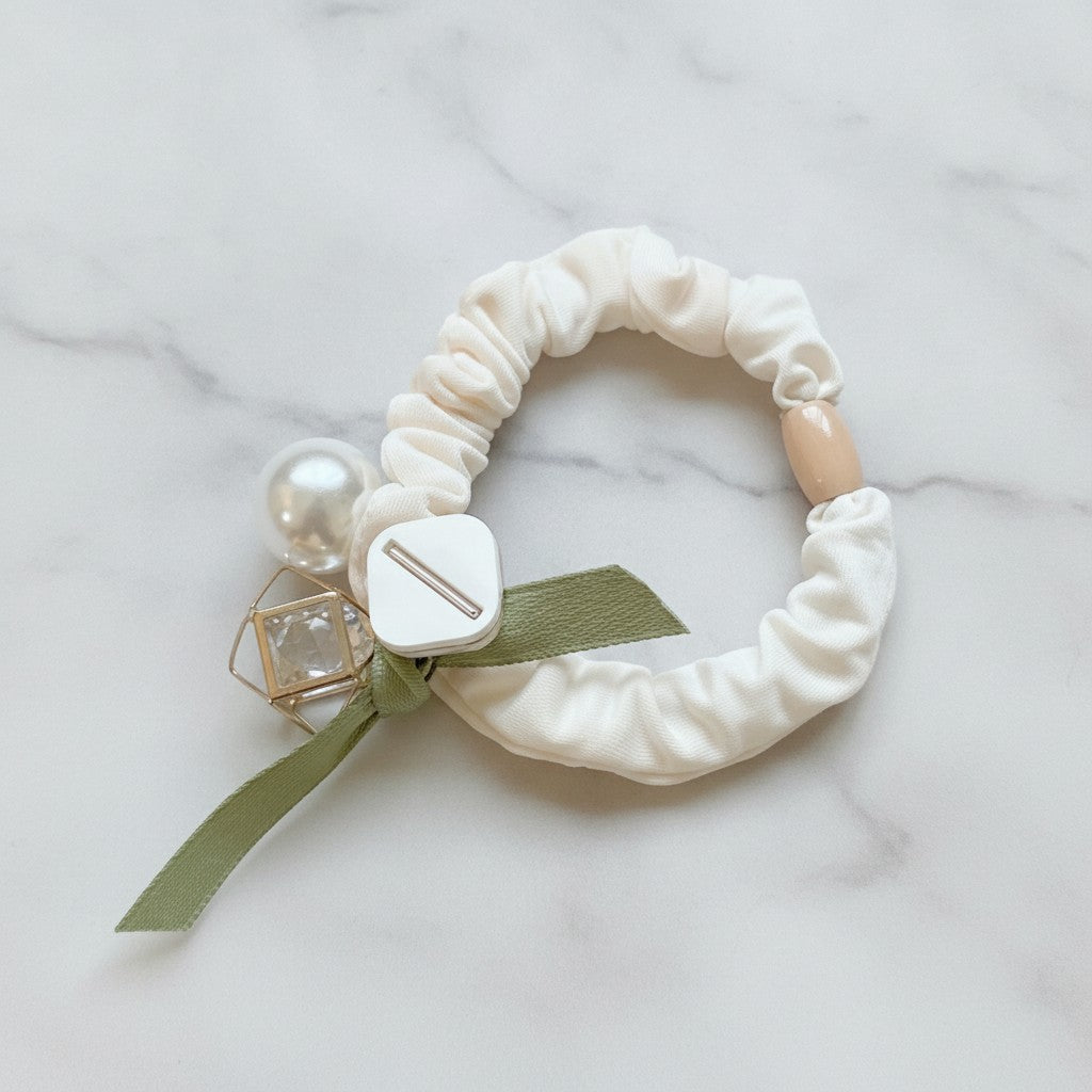 Cream Scrunchie With Pearl And Charm Detail
