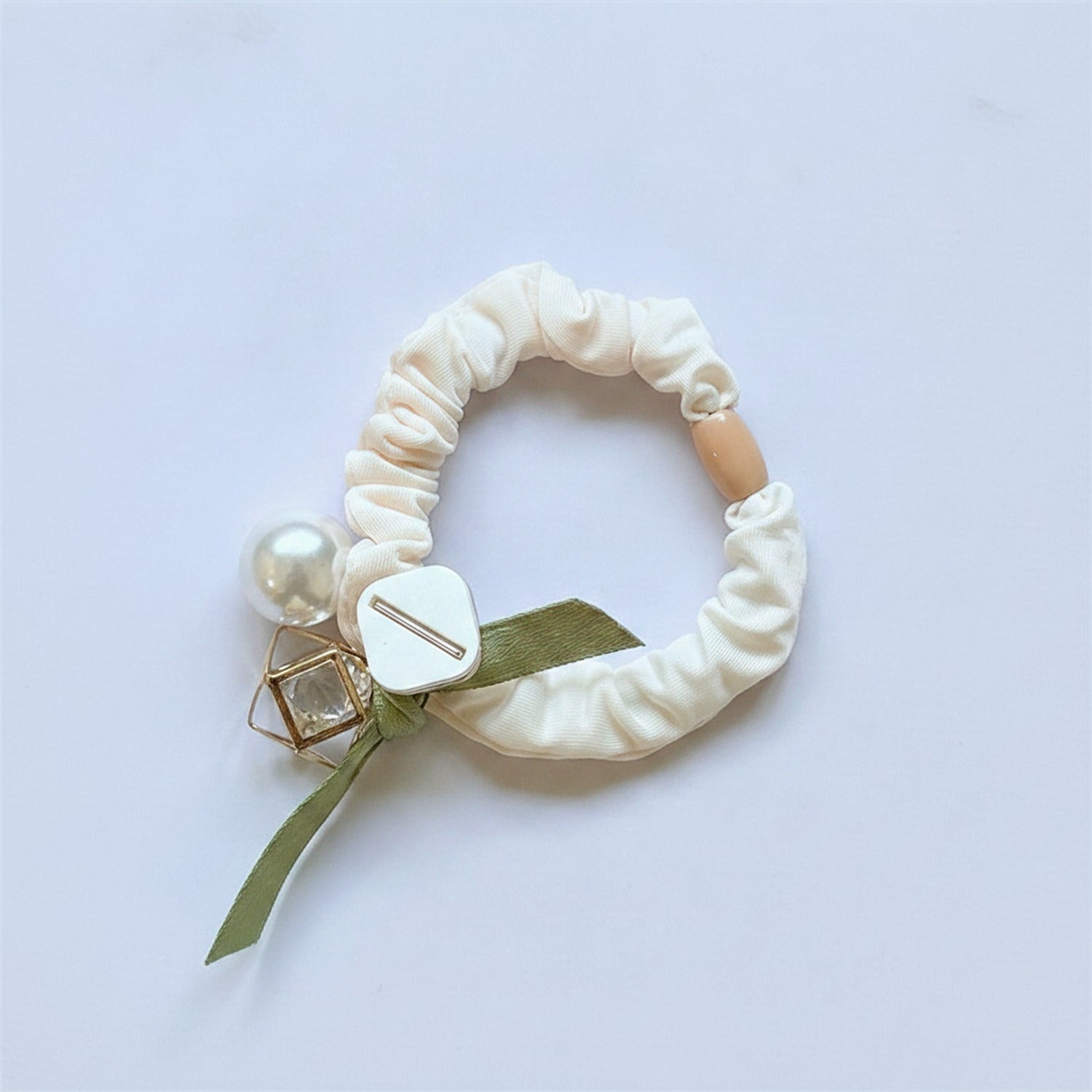 Cream Scrunchie With Pearl And Charm Detail