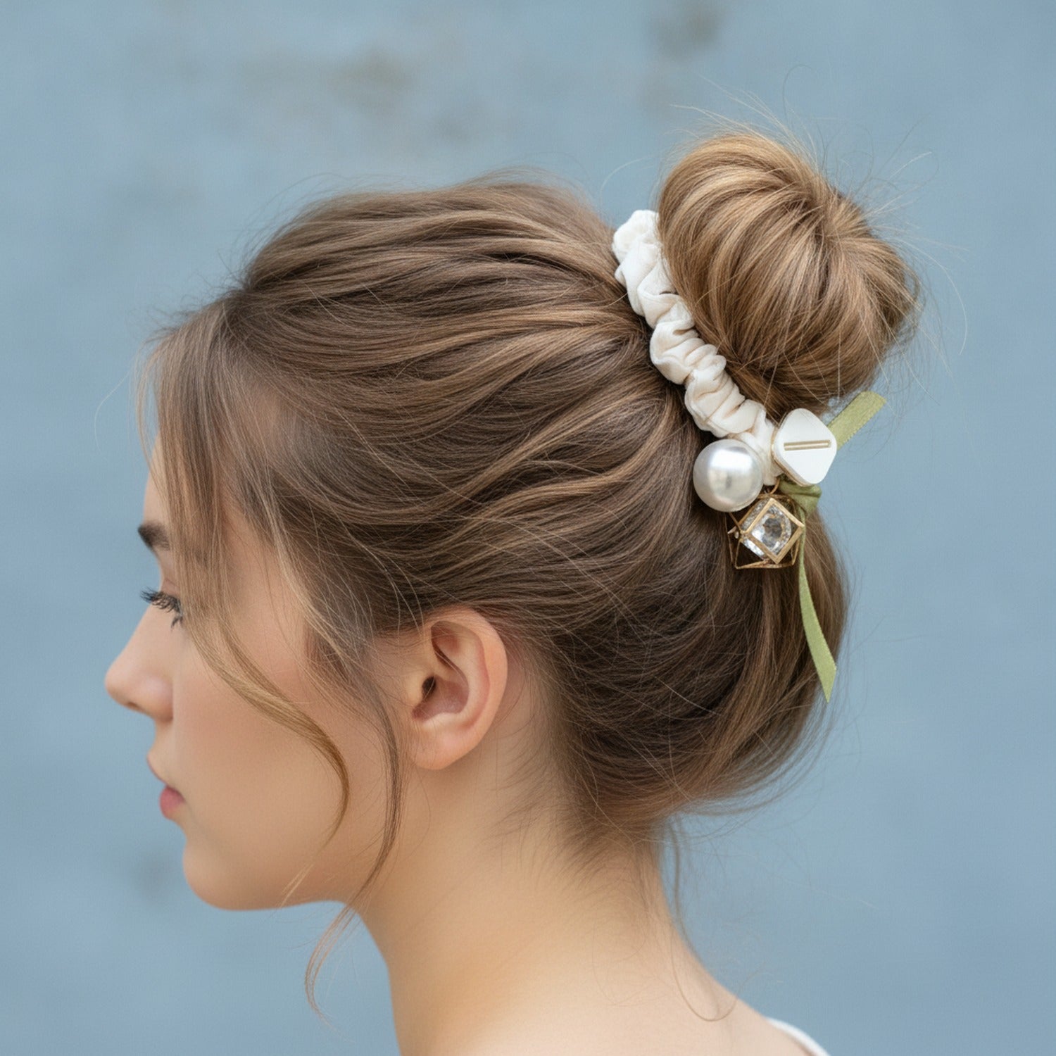 Cream Scrunchie With Pearl And Charm Detail