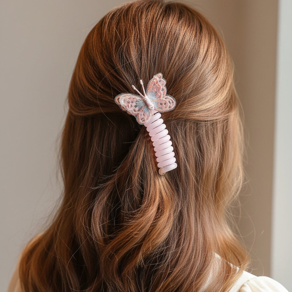 Butterfly Embroidered Pink Ribbed Hair Scrunchie