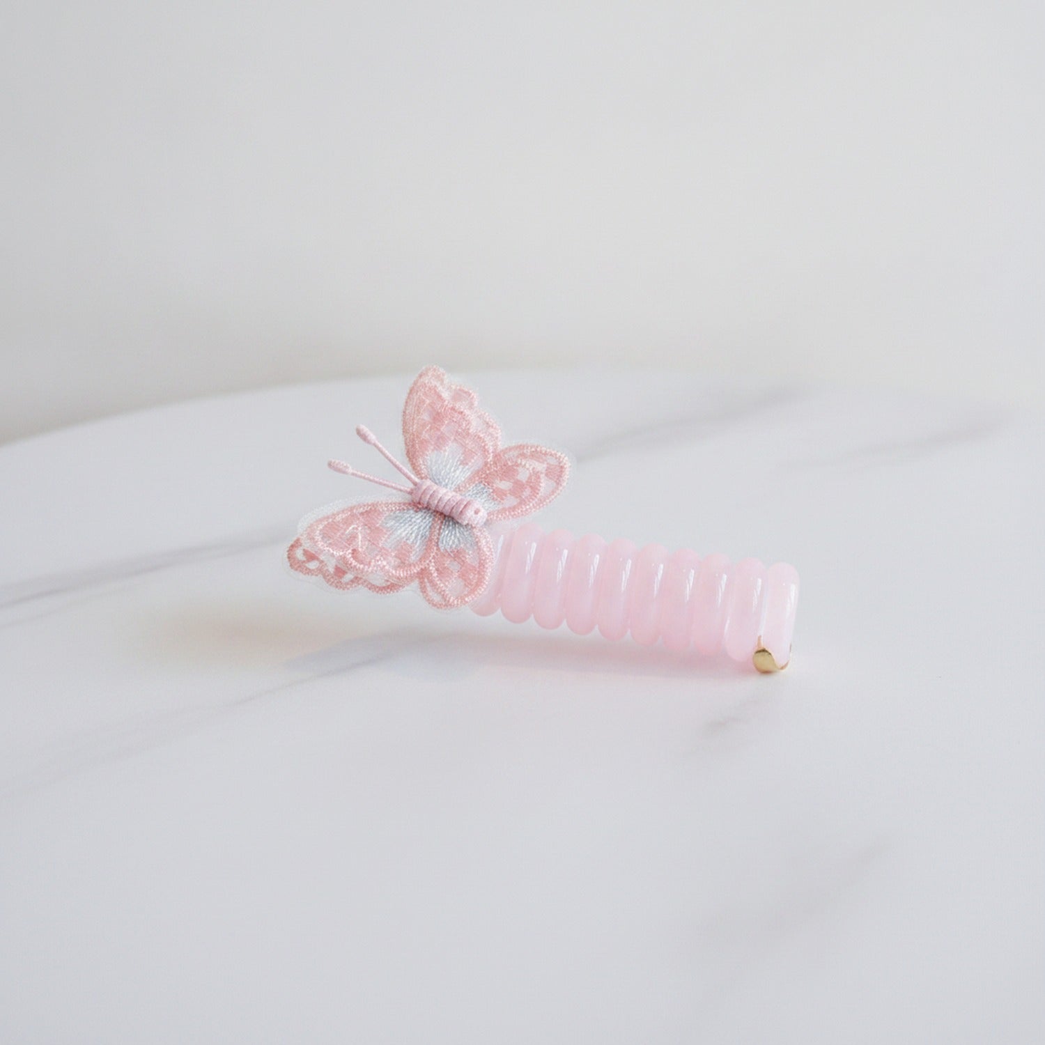 Butterfly Embroidered Pink Ribbed Hair Scrunchie