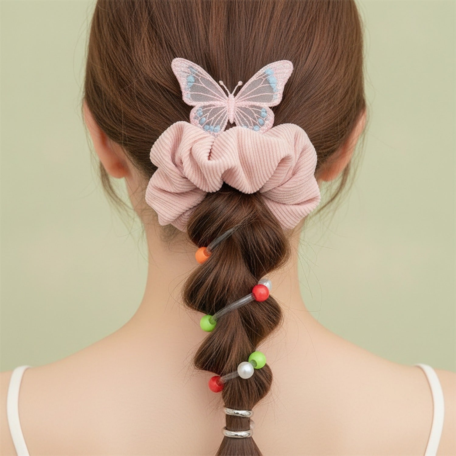 Butterfly Embroidered Pink Ribbed Hair Scrunchie