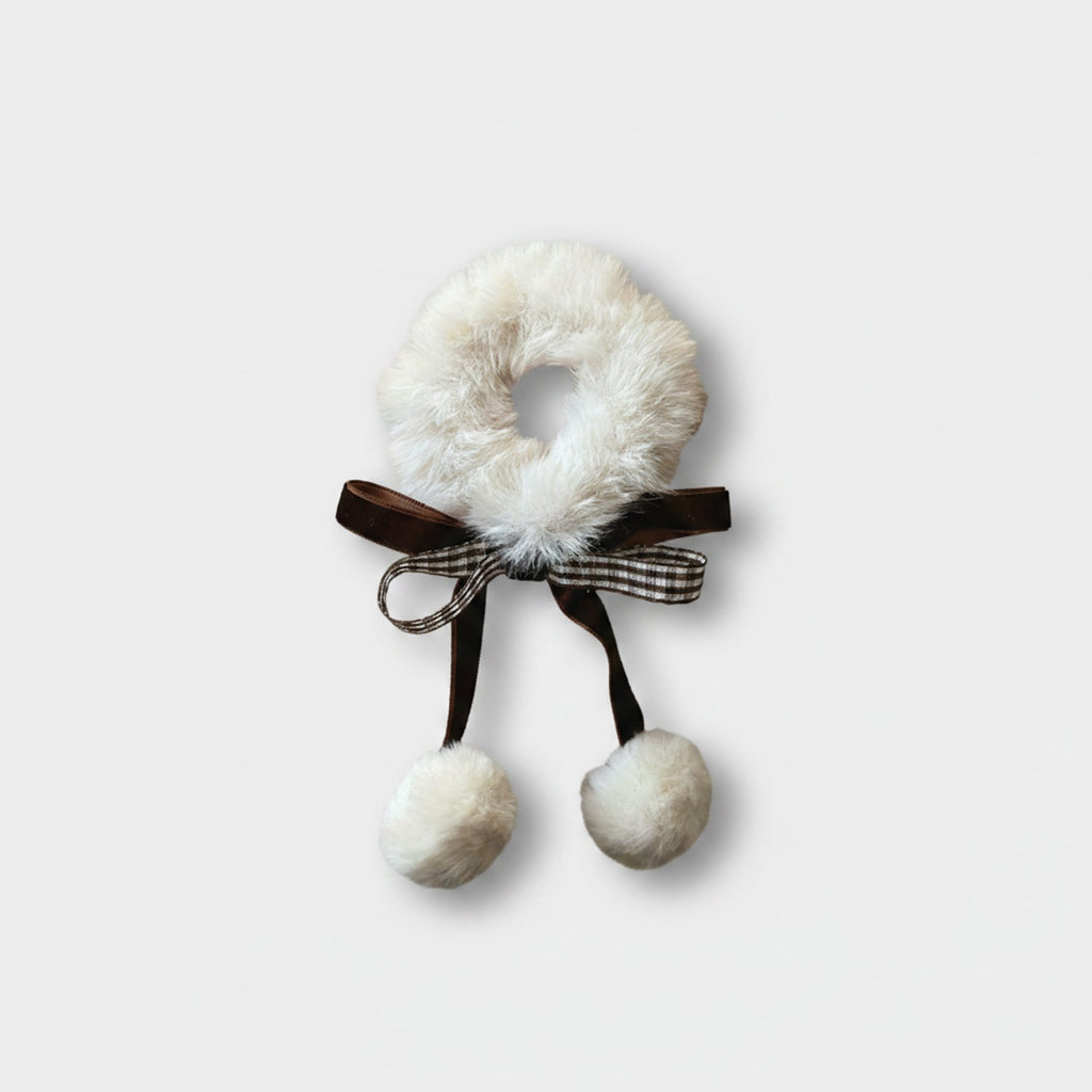 Fuzzy Scrunchie With Brown Ribbon Bow