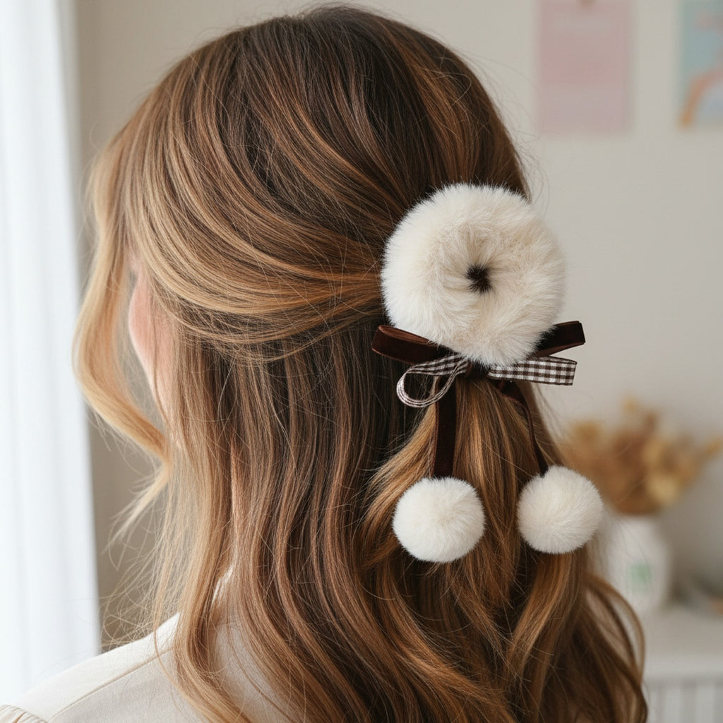 Fuzzy Scrunchie With Brown Ribbon Bow