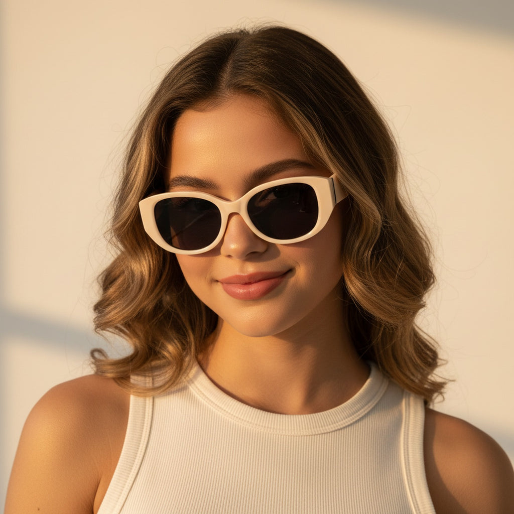 Cream Oval Sunglasses With Metal Bar Detail