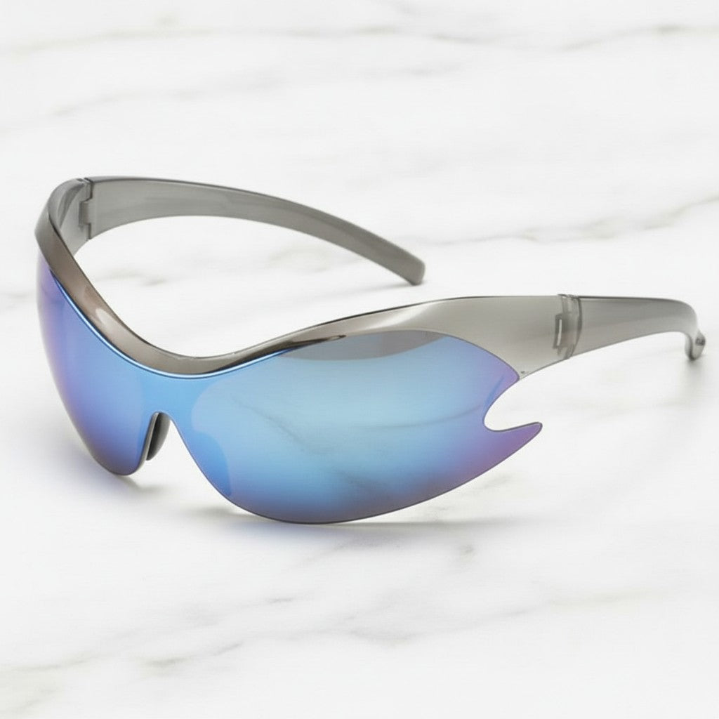 Mirror Shield Wrap Around Sunglasses - Silver Frame Blue Mercury – eyewear (view 3)