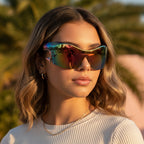 Mirror Shield Wrap Around Sunglasses - Silver Frame Red Mercury