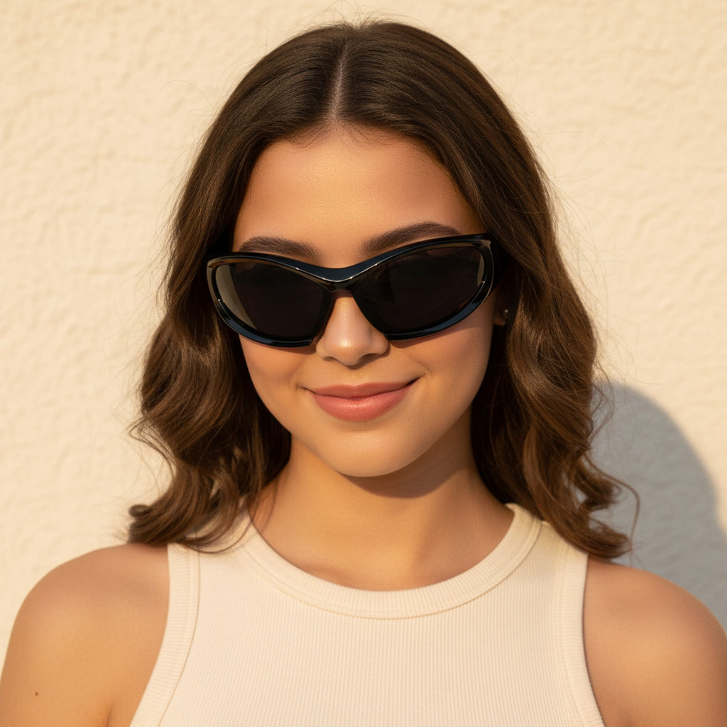 Black Oval Sport Sunglasses With Curved Lens