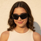 Black Oval Sport Sunglasses With Curved Lens