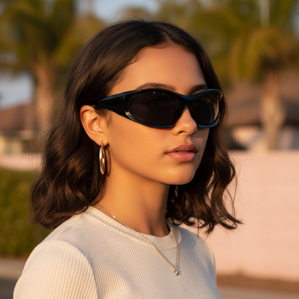 Black Oval Sport Sunglasses With Curved Lens
