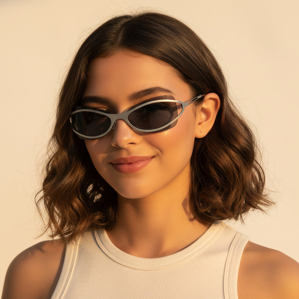 Silver Oval Shield Sunglasses With Tinted Lens