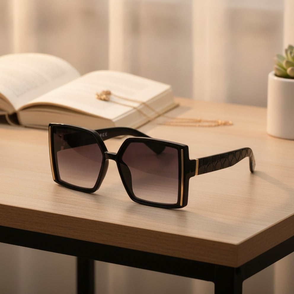 Black Square Sunglasses With Gold Trim – eyewear (view 2)