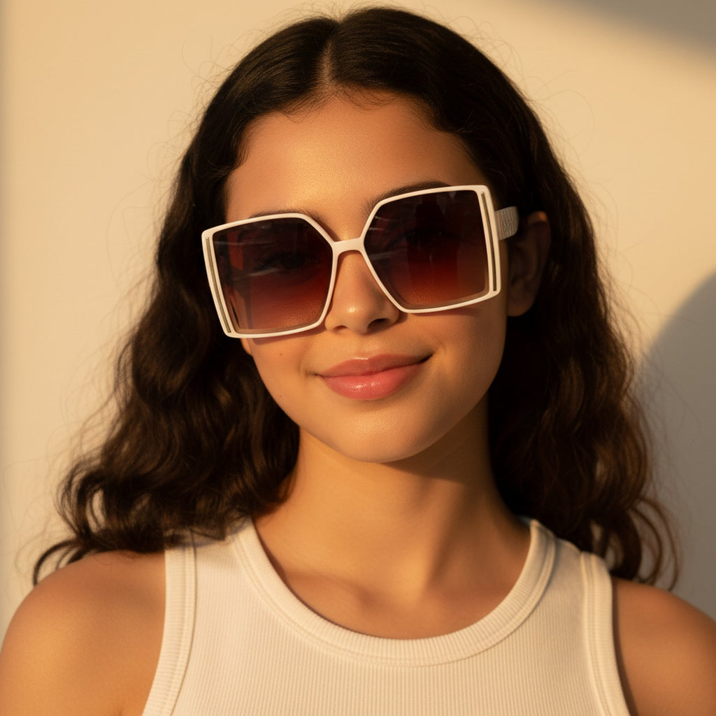 Cream Square Gradient Sunglasses With Gold Accent