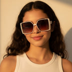 Cream Square Gradient Sunglasses With Gold Accent