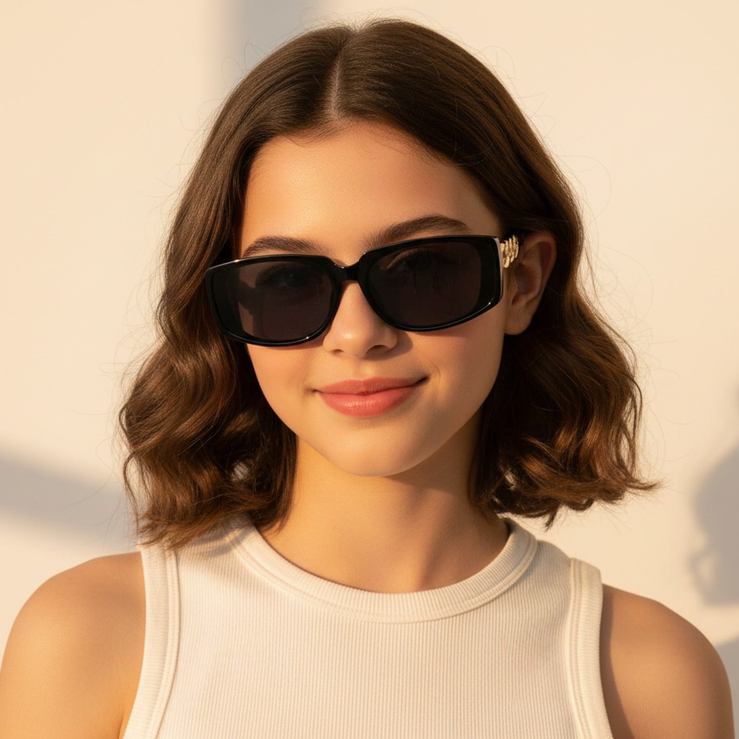 Black Square Sunglasses With Gold Chain Detail