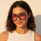 Square Black Sunglasses with Peach Tint Lenses