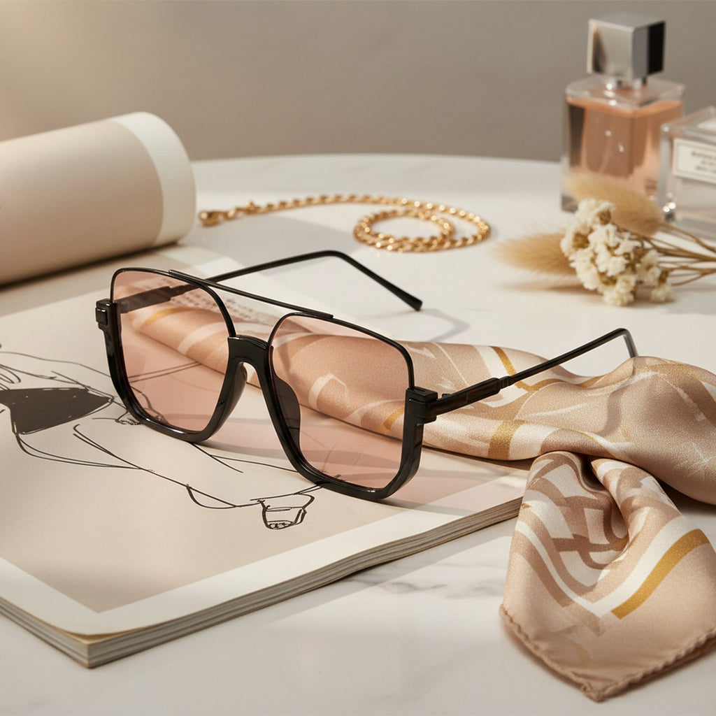 Square Black Sunglasses with Peach Tint Lenses – eyewear (view 2)